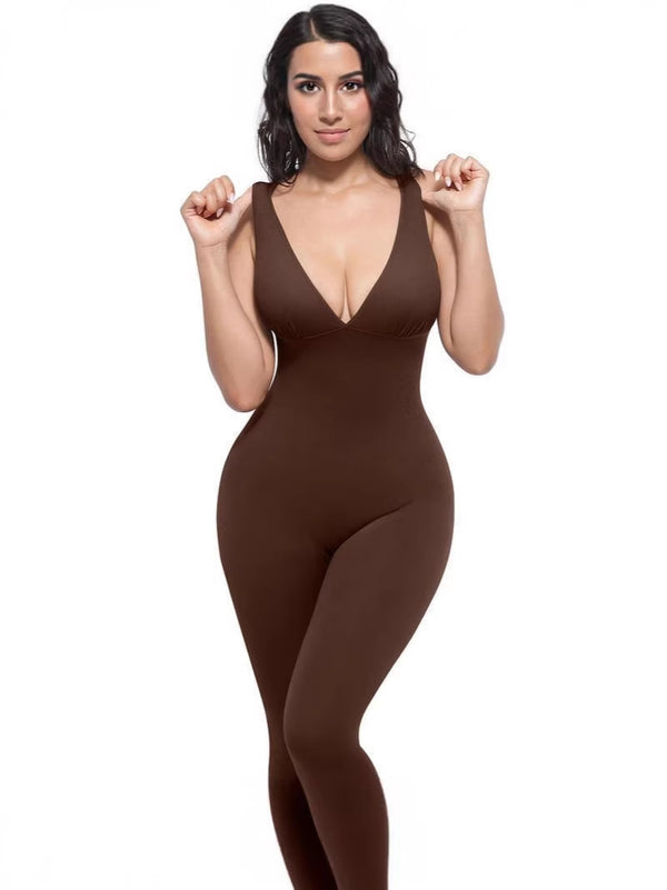 Womens Seamless Yoga Jumpsuit - High Stretch Sleeveless Flared Workout Bodysuit with Tummy Support