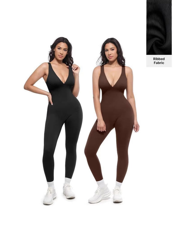 Womens Seamless Yoga Jumpsuit - High Stretch Sleeveless Flared Workout Bodysuit with Tummy Support